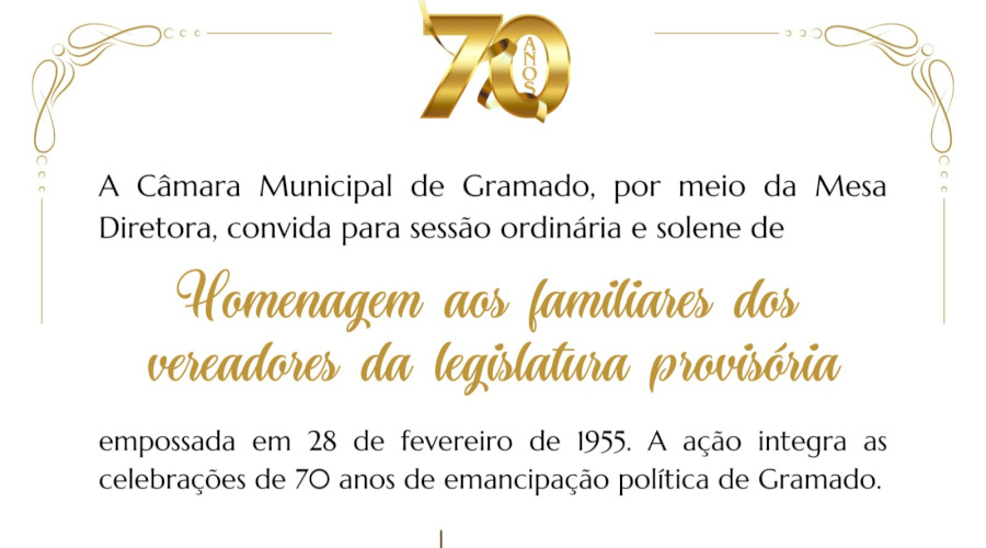 Câmara realiza sessão solene especial que integrará celebrações aos 70 anos de Gramado